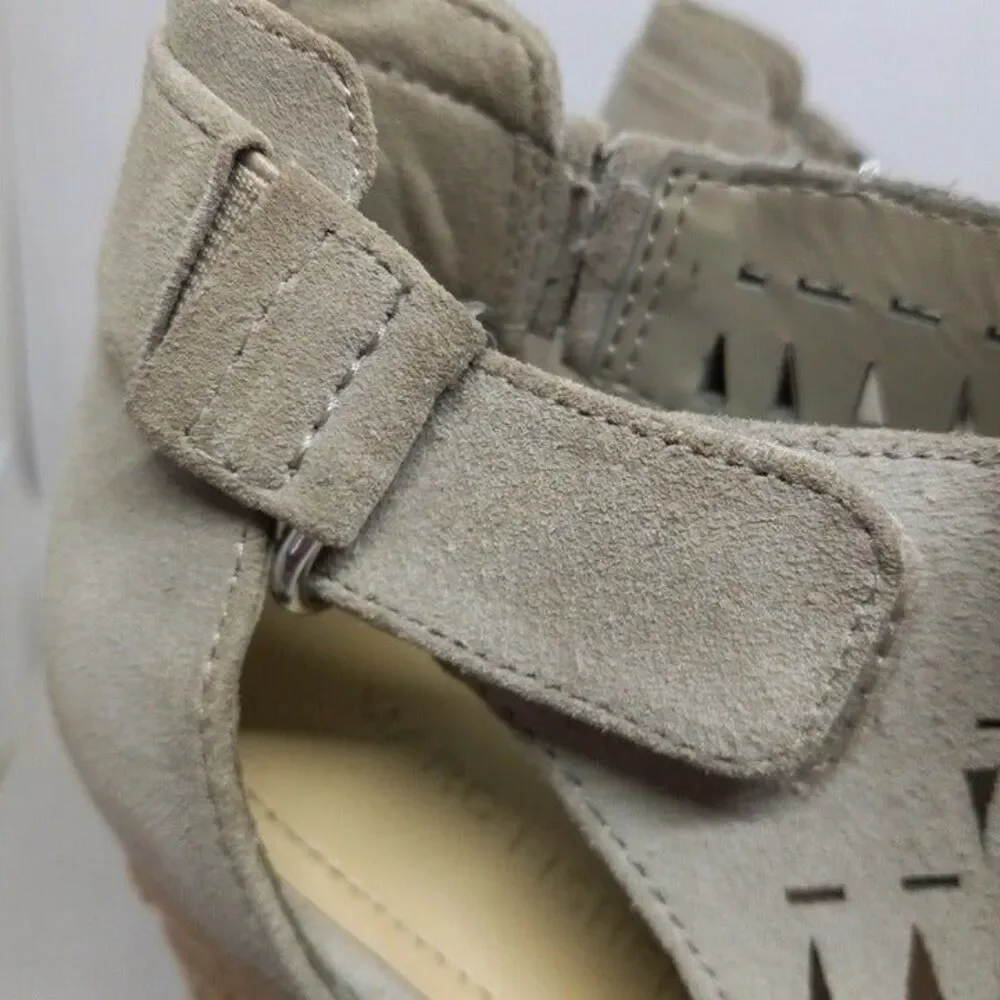 Marc Fisher Helina Size 9M Suede Espadrille Wedges-Taupe-Laser Cut-Peep Toe-Boho